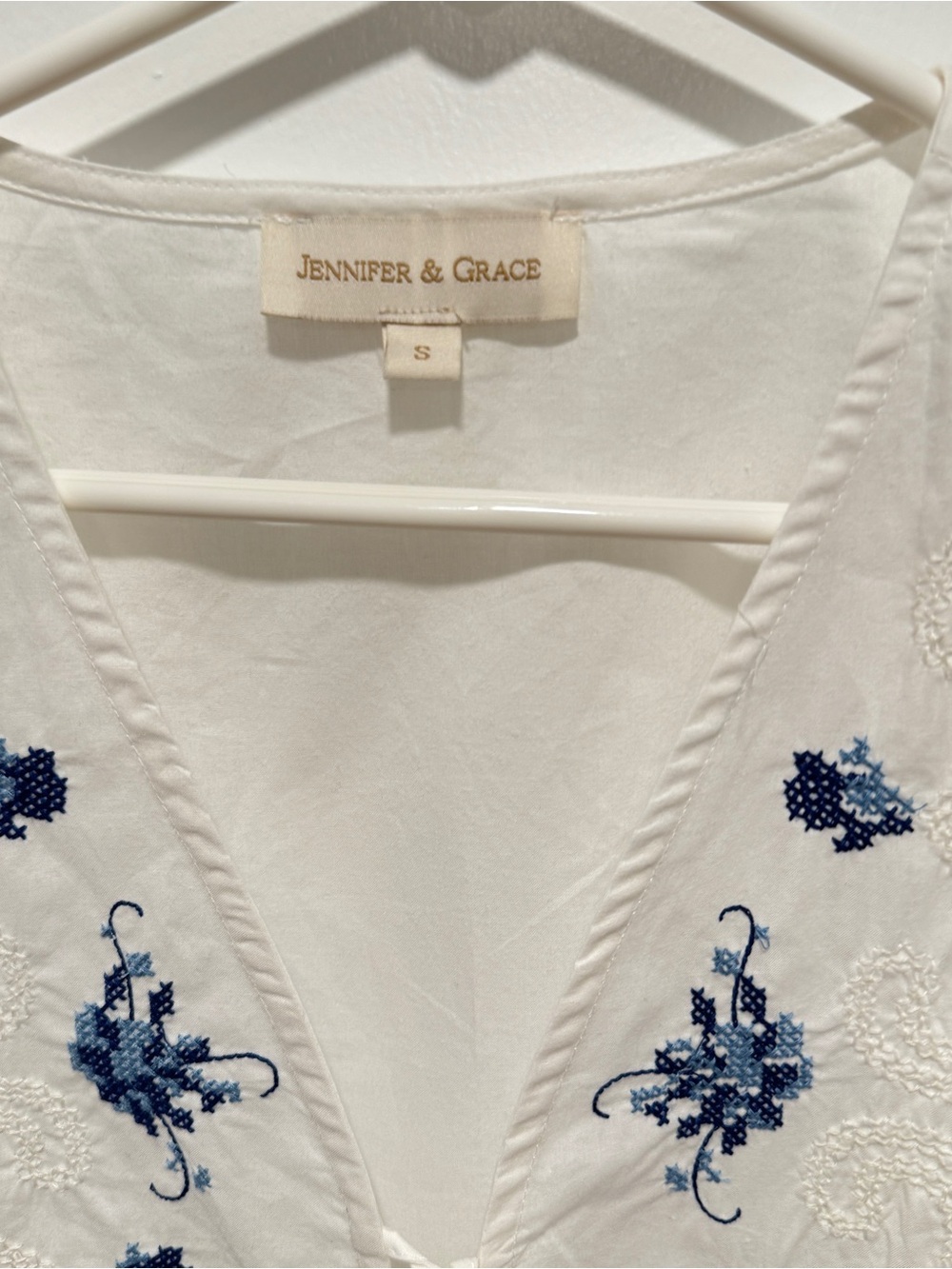 Jennifer & Grace White V-Neck Embroidered Peasant Blouse with Blue Floral Detail - Picture 6 of 8